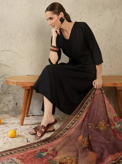 Classic Black Solid Kurta Set with Printed Shawl