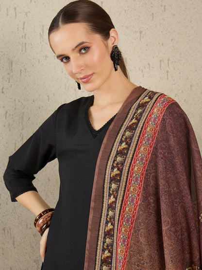 Classic Black Solid Kurta Set with Printed Shawl