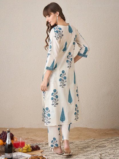 Blue Leaf Print Cotton Kurta with Straight Pants Set