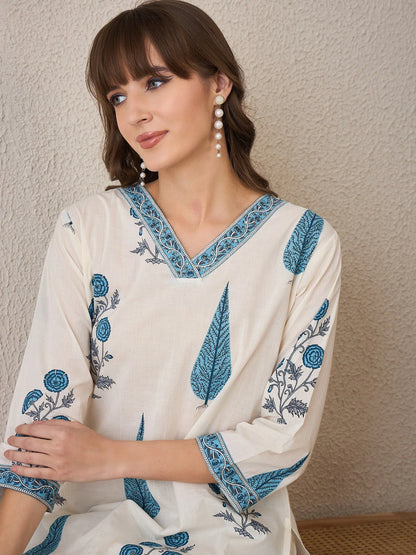 Blue Leaf Print Cotton Kurta with Straight Pants Set