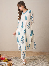 Blue Leaf Print Cotton Kurta with Straight Pants Set
