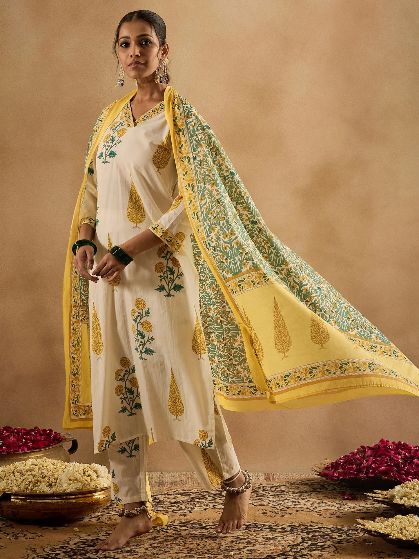 Off-White & Yellow Handblock Printed Cotton Suit Set with Dupatta