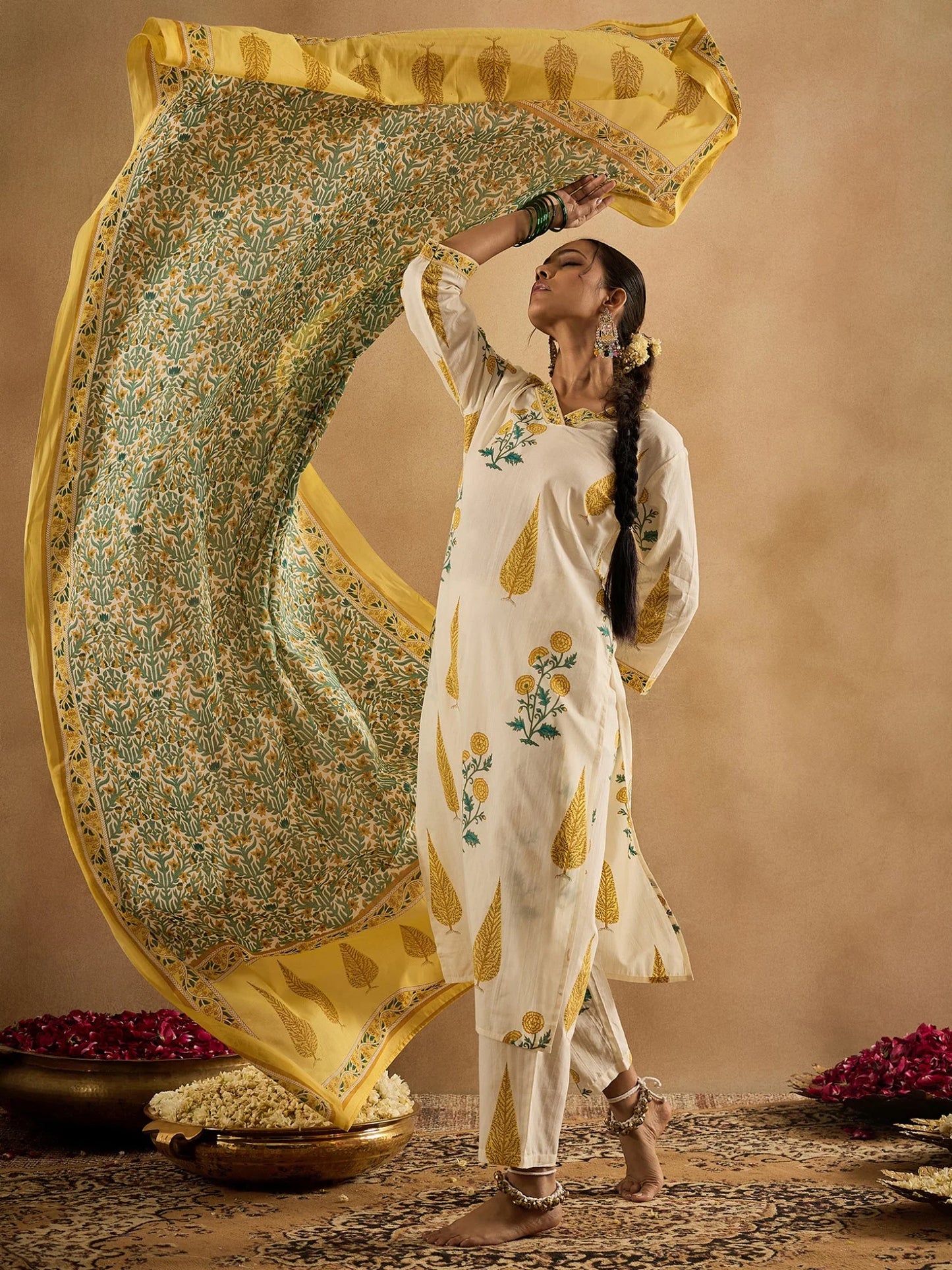 Off-White & Yellow Handblock Printed Cotton Suit Set with Dupatta