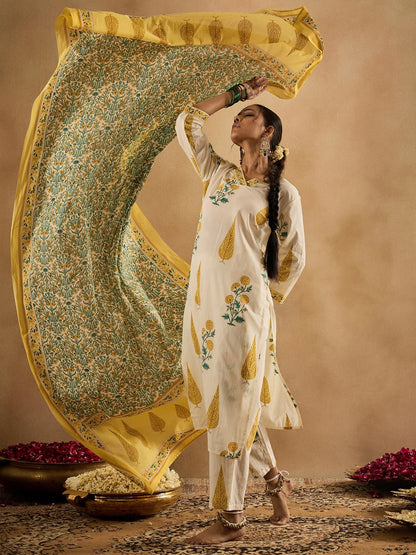 Off-White & Yellow Handblock Printed Cotton Suit Set with Dupatta