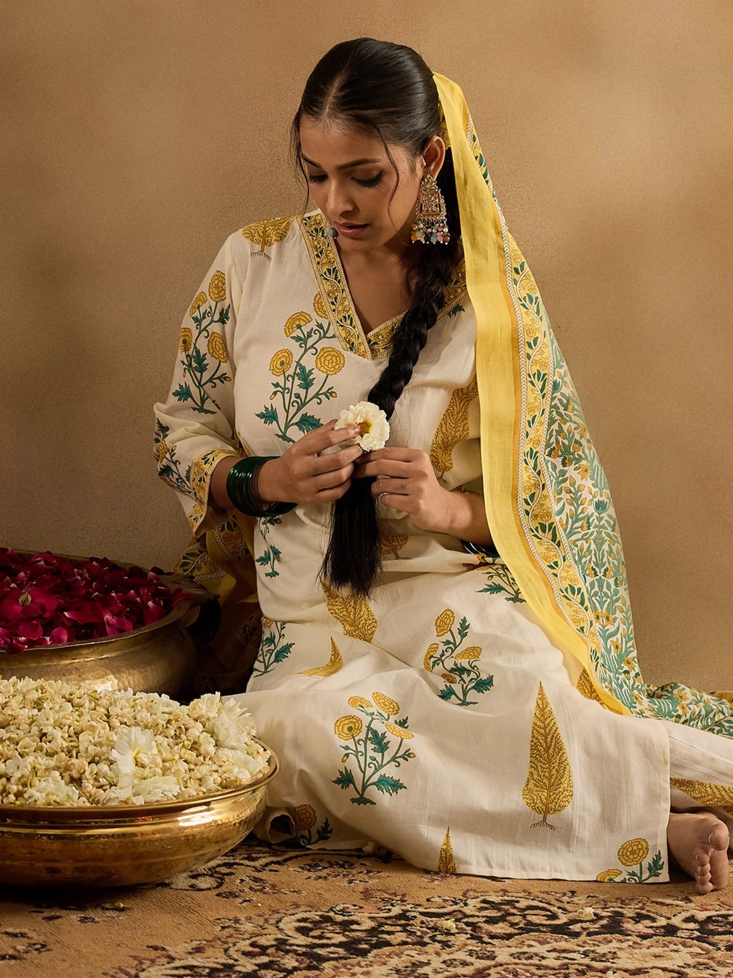 Off-White & Yellow Handblock Printed Cotton Suit Set with Dupatta