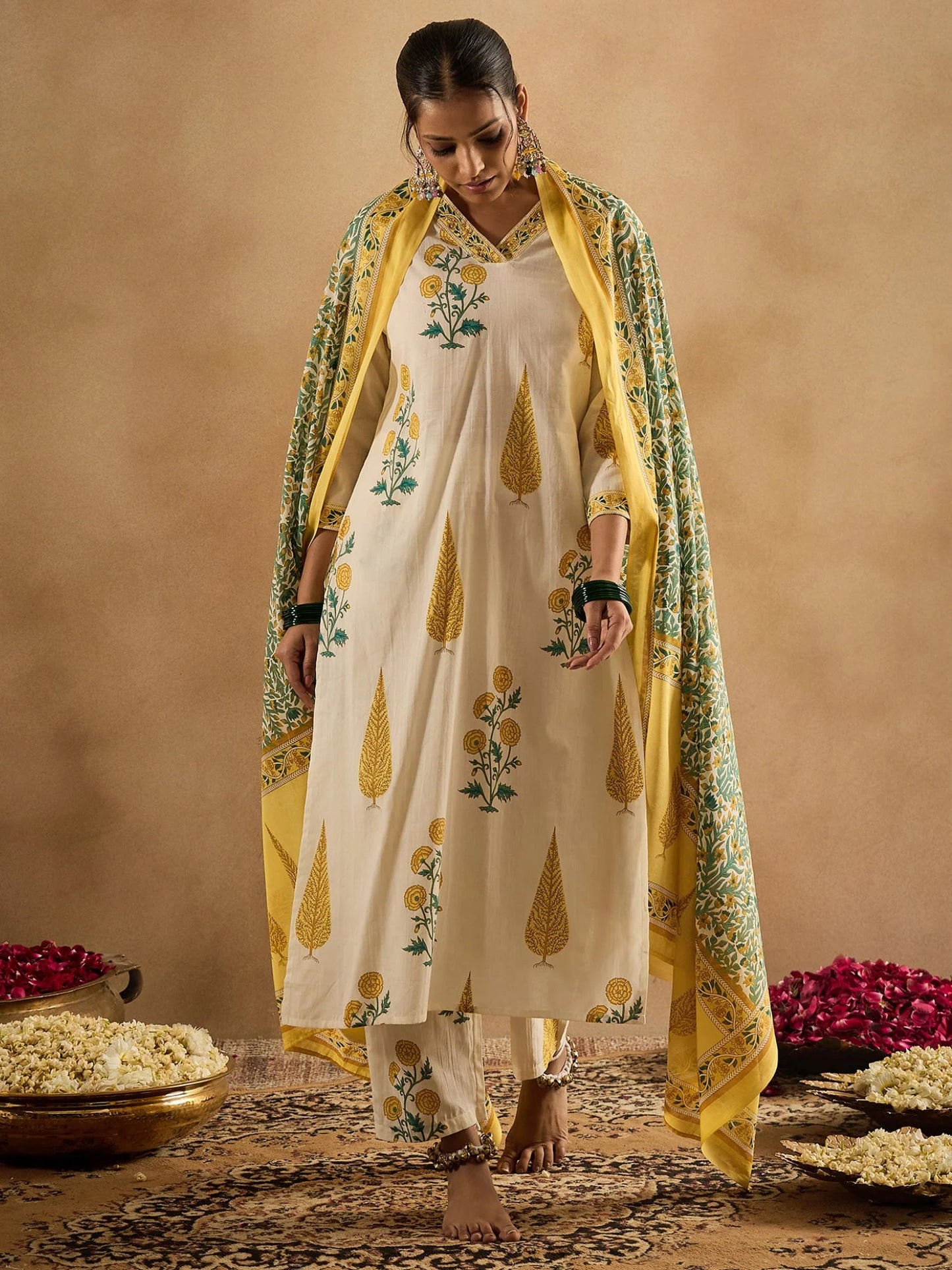 Off-White & Yellow Handblock Printed Cotton Suit Set with Dupatta