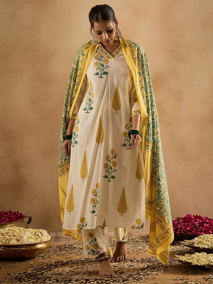 Off-White & Yellow Handblock Printed Cotton Suit Set with Dupatta