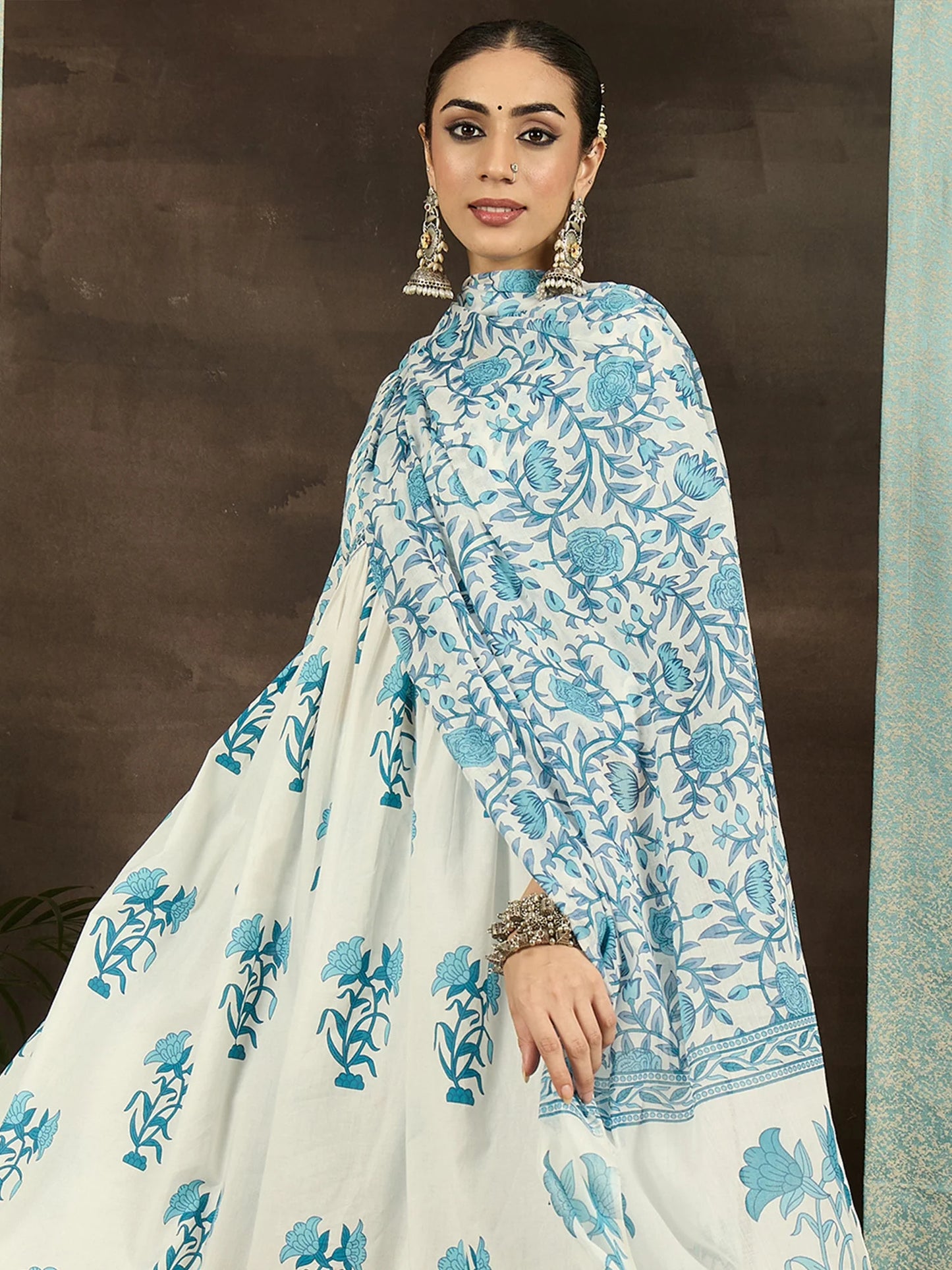 Hand Block Printed Cotton Anarkali Kurta Set with Dupatta