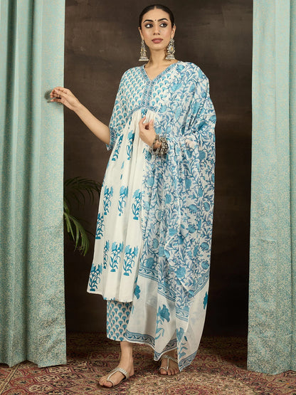 Hand Block Printed Cotton Anarkali Kurta Set with Dupatta