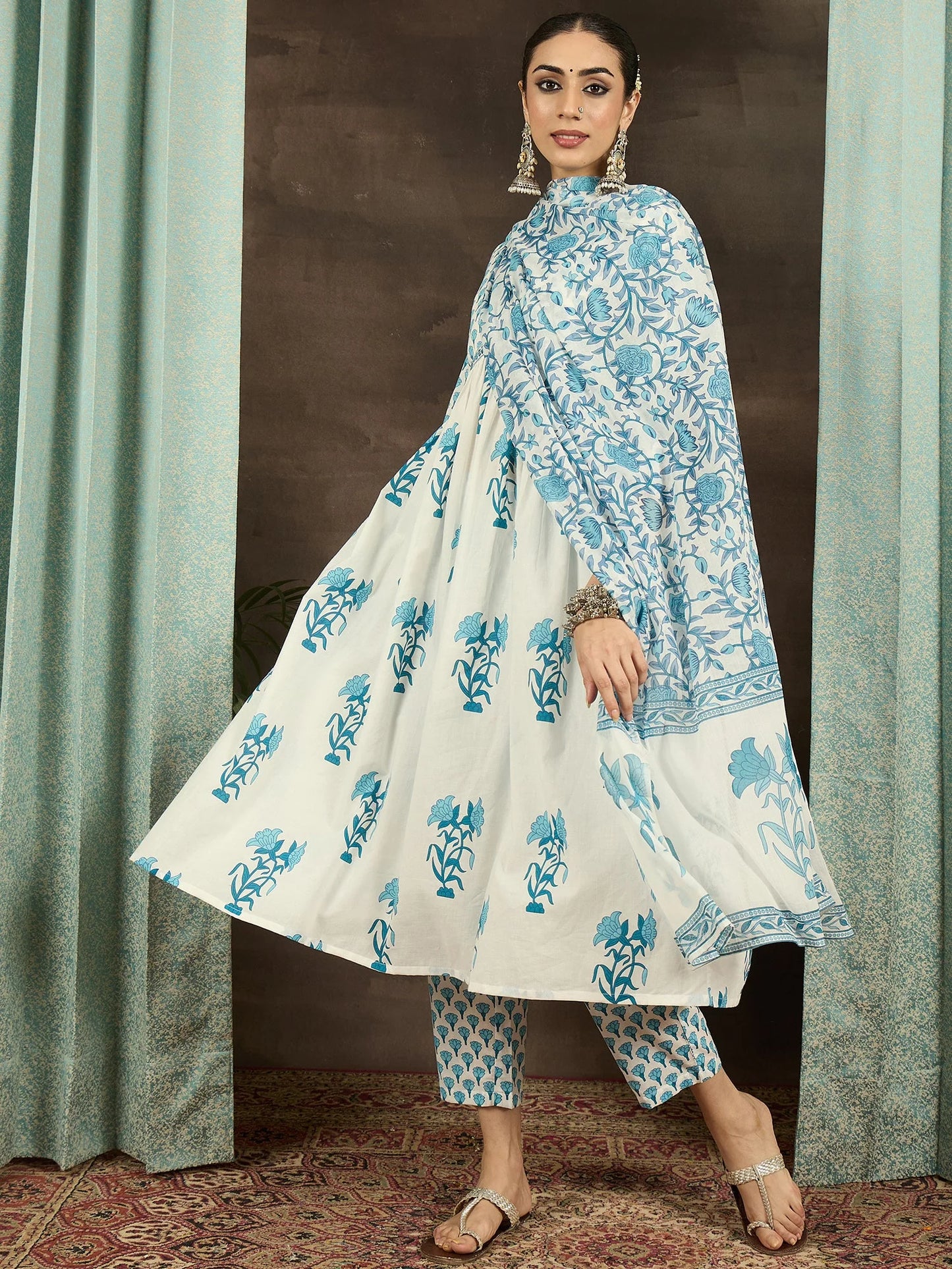 Hand Block Printed Cotton Anarkali Kurta Set with Dupatta