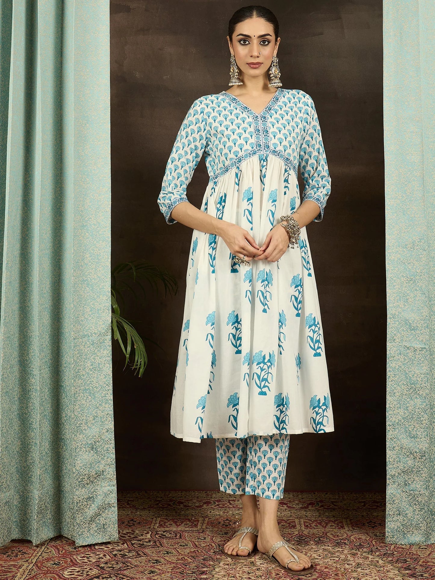 Hand Block Printed Cotton Anarkali Kurta Set with Dupatta