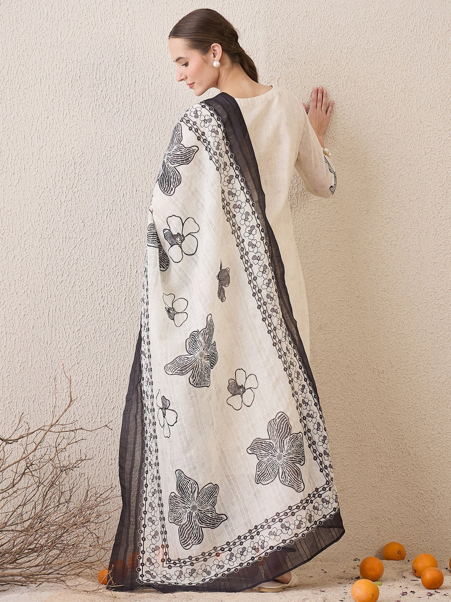 Elegant Off-White & Black Handblock Printed Cotton Suit Set