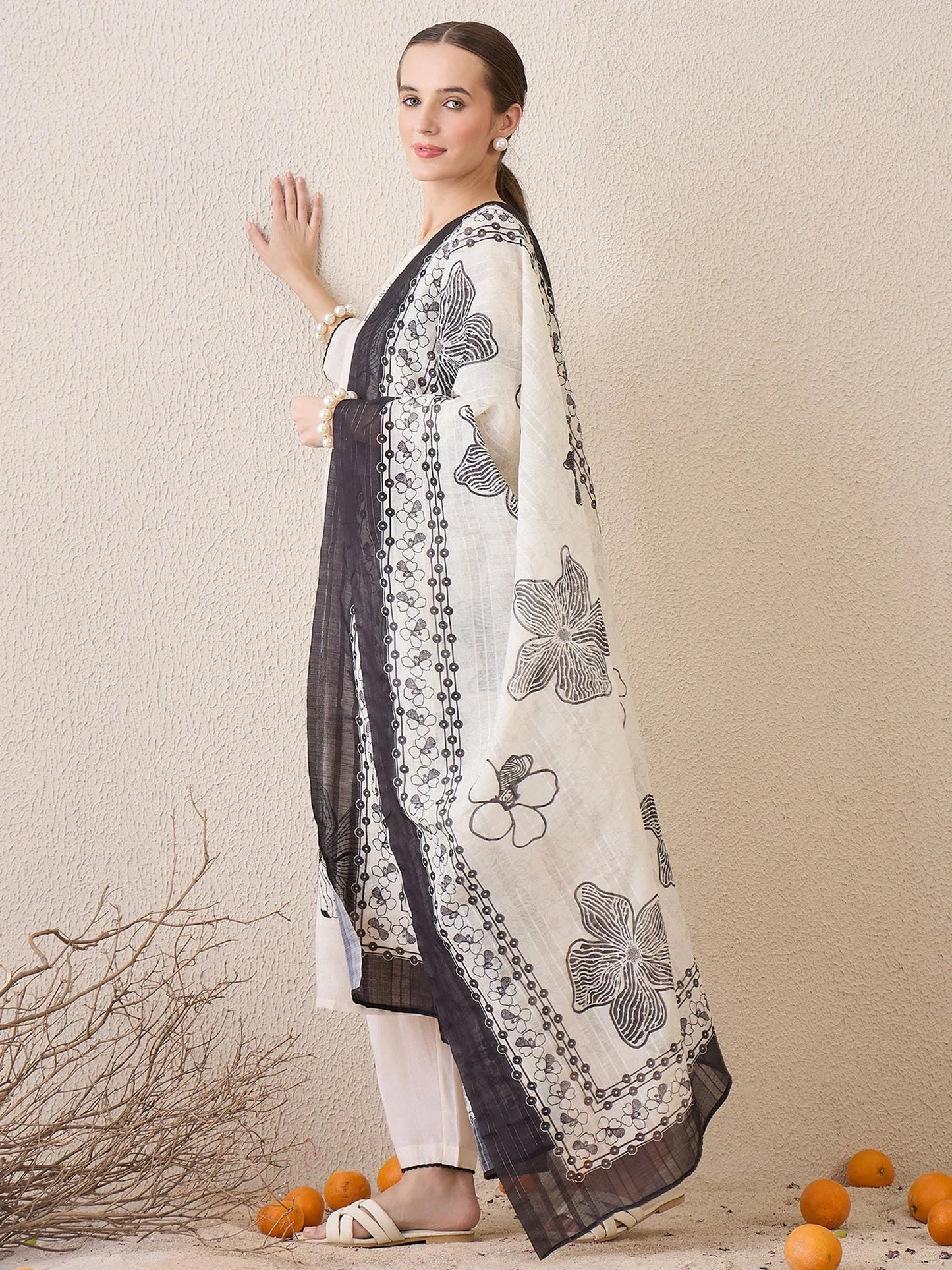 Elegant Off-White & Black Handblock Printed Cotton Suit Set