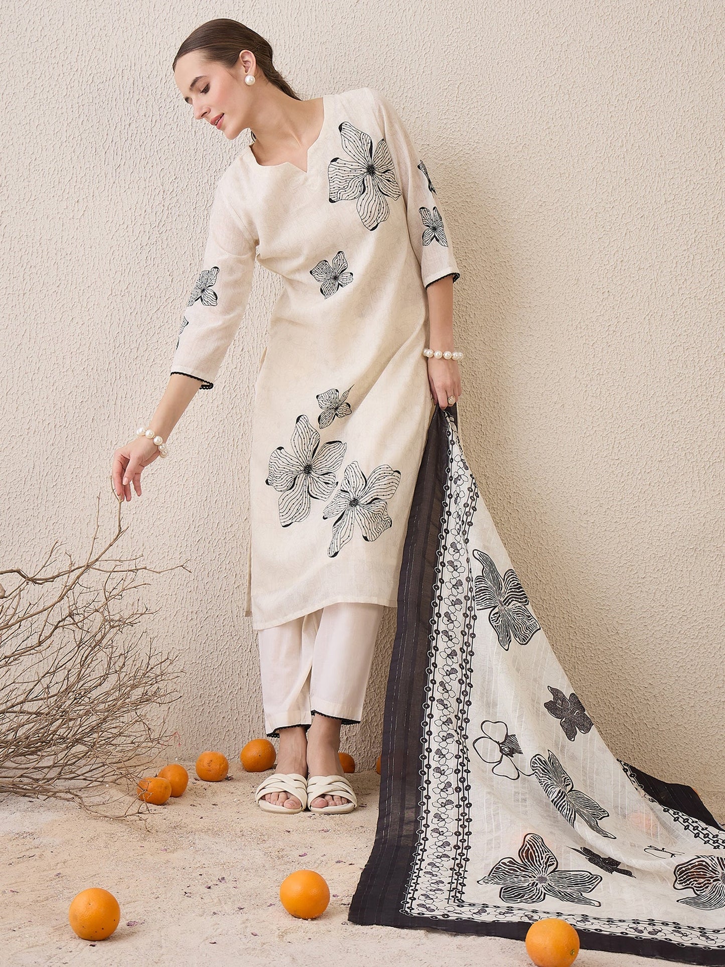 Elegant Off-White & Black Handblock Printed Cotton Suit Set