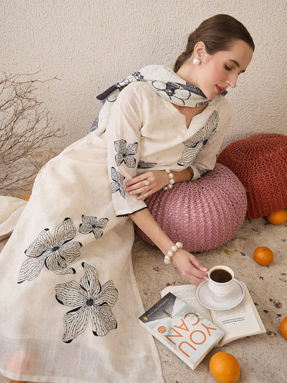 Elegant Off-White & Black Handblock Printed Cotton Suit Set