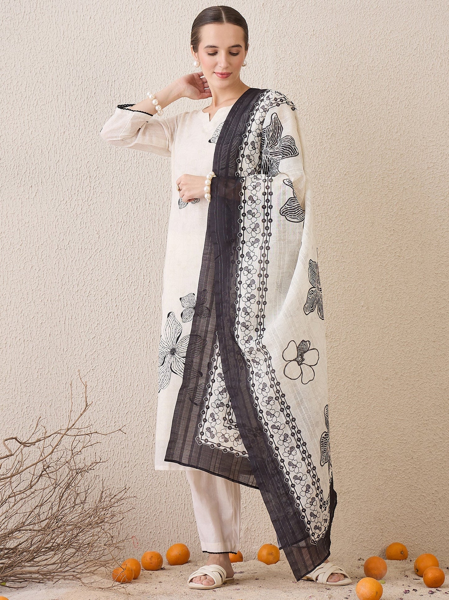 Elegant Off-White & Black Handblock Printed Cotton Suit Set