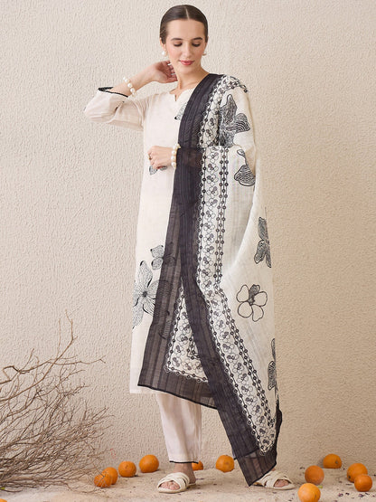 Elegant Off-White & Black Handblock Printed Cotton Suit Set