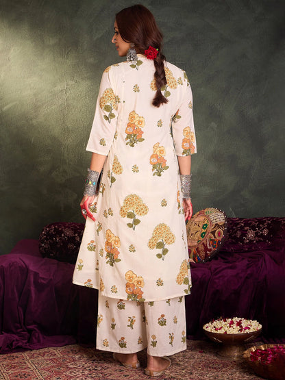 Off-White Floral Handblock Printed Cotton Kurta Set