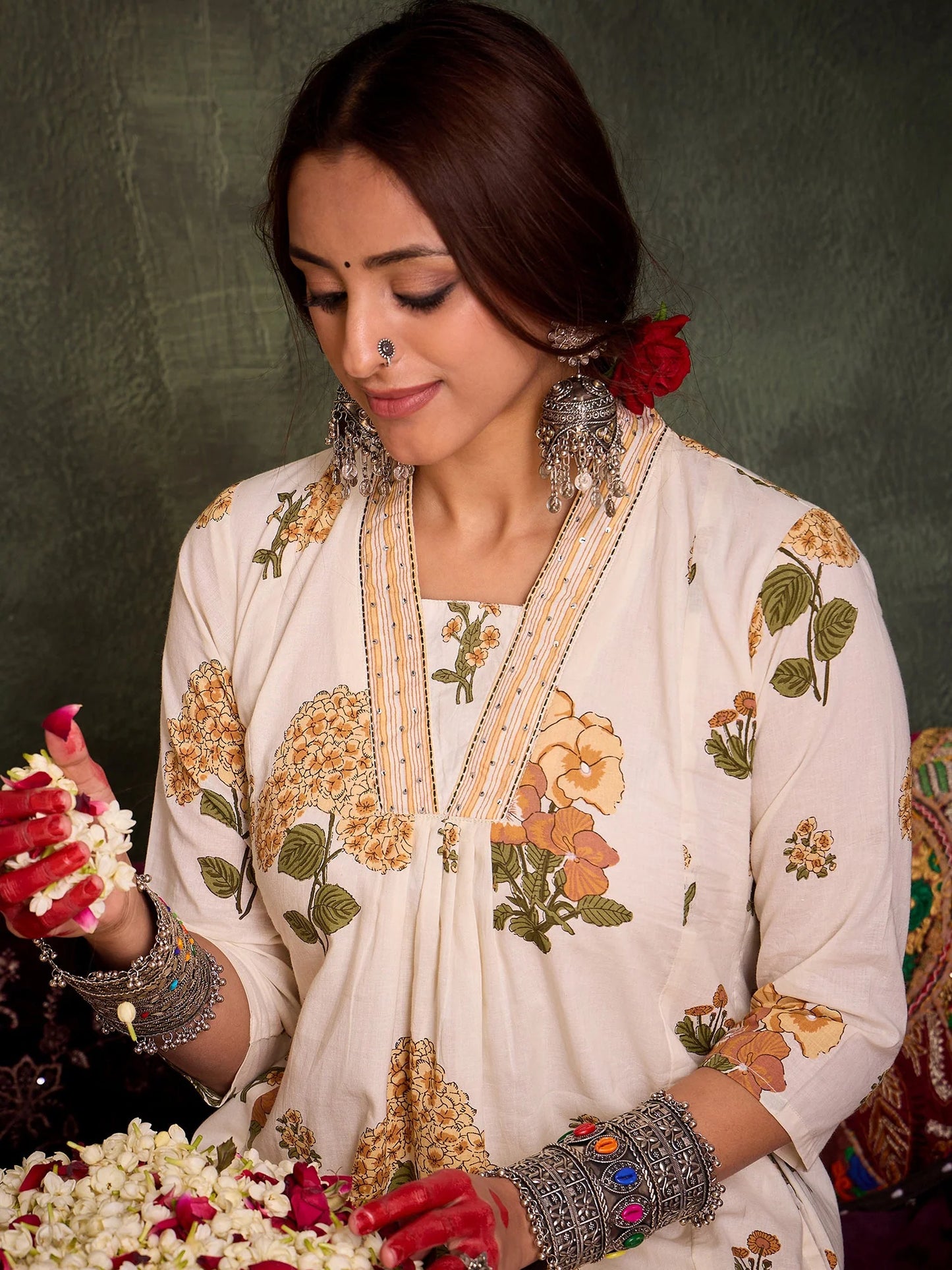 Off-White Floral Handblock Printed Cotton Kurta Set