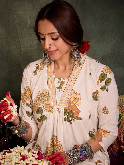 Off-White Floral Handblock Printed Cotton Kurta Set