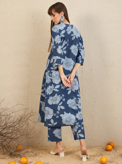Blue floral printed kurta set