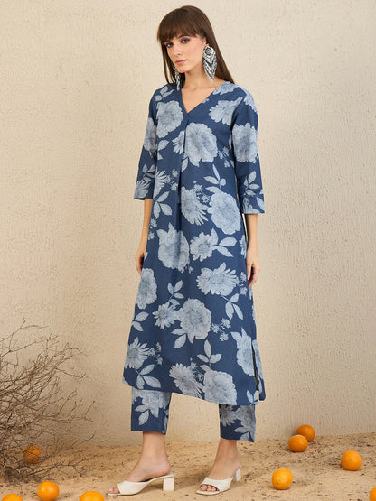 Blue floral printed kurta set
