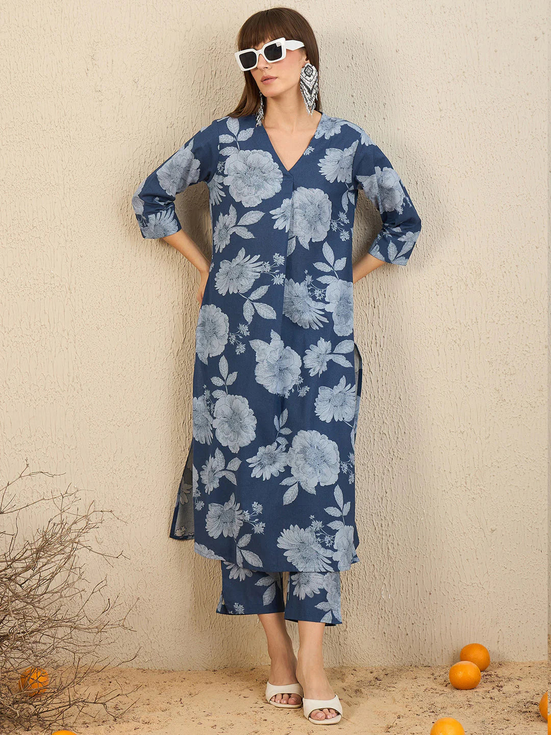Blue floral printed kurta set