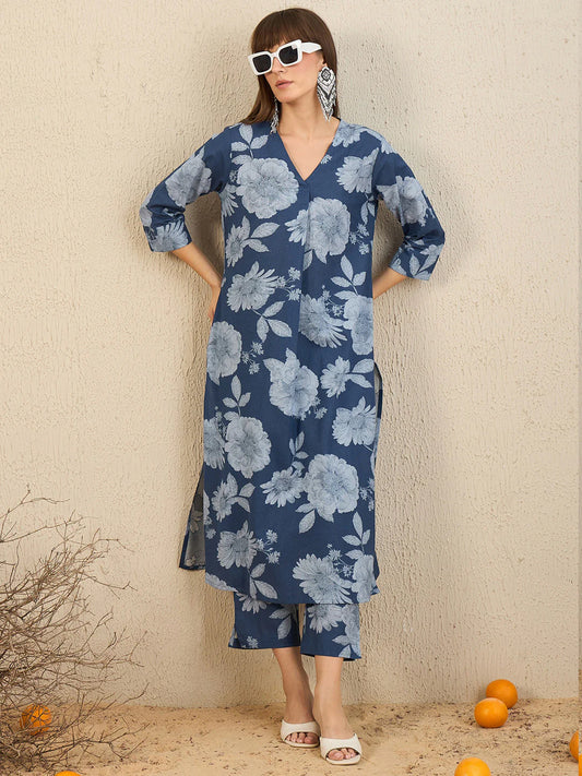Blue floral printed kurta set
