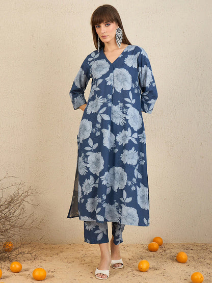 Blue floral printed kurta set