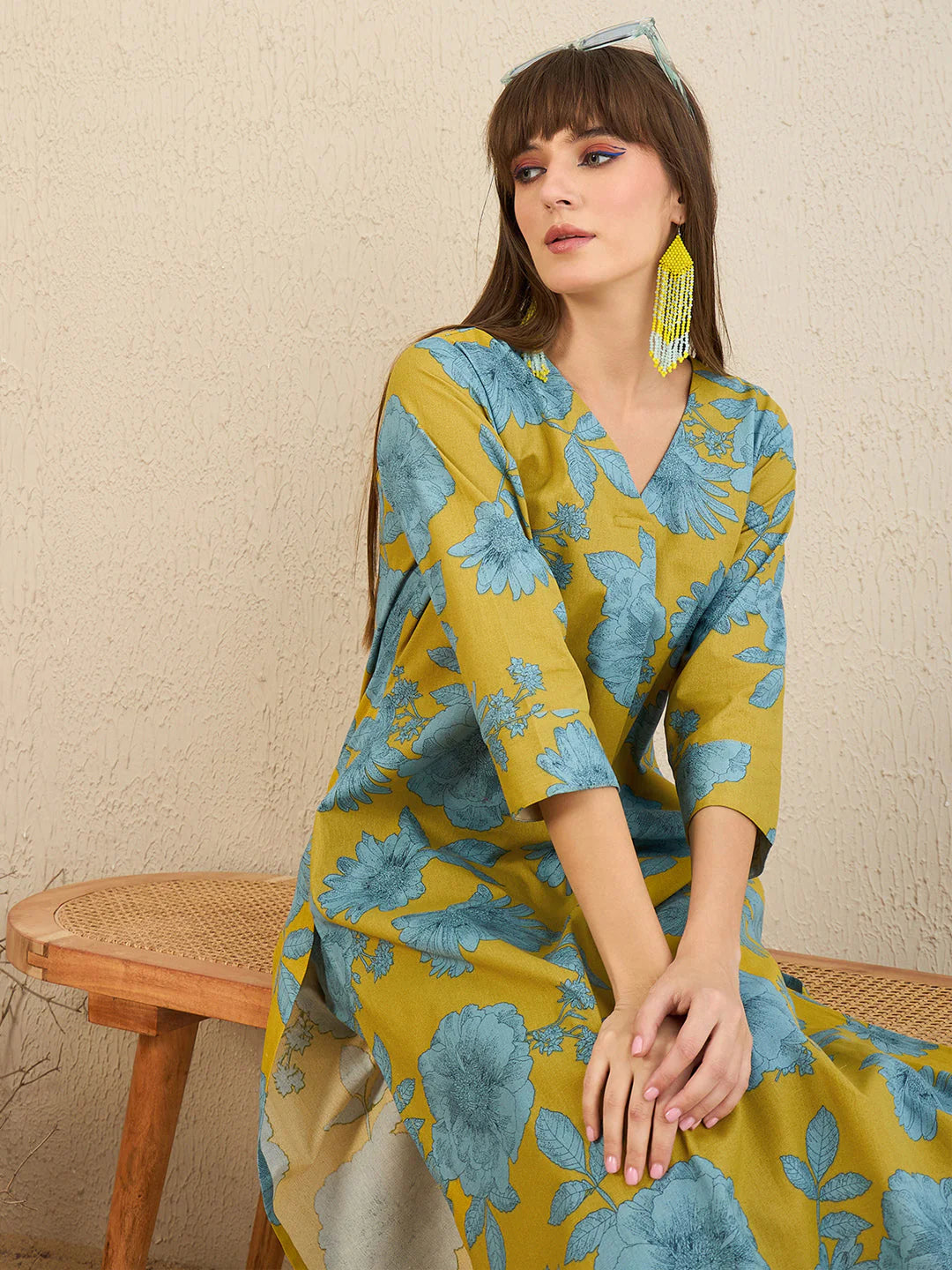 Mustard Yellow & Blue Floral Printed Cotton Kurta Set