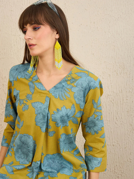 Mustard Yellow & Blue Floral Printed Cotton Kurta Set