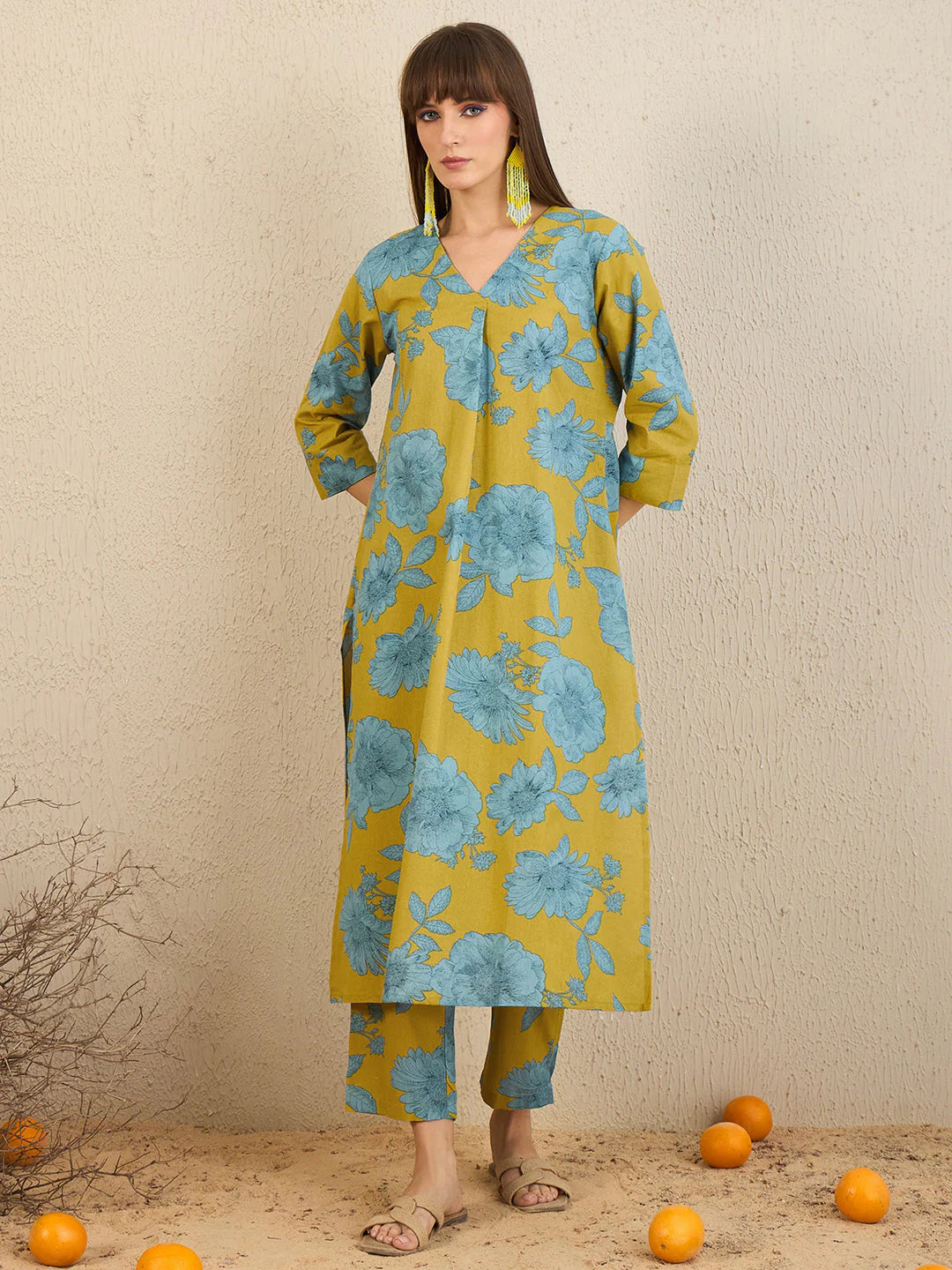 Mustard Yellow & Blue Floral Printed Cotton Kurta Set