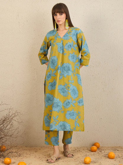 Mustard Yellow & Blue Floral Printed Cotton Kurta Set