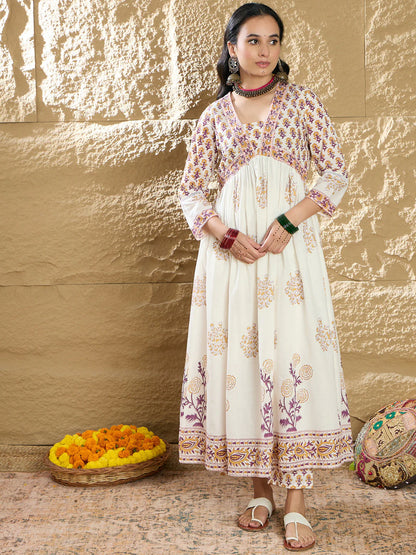 Lvory & Maroon Handblock Printed Anarkali Cotton Suit Set