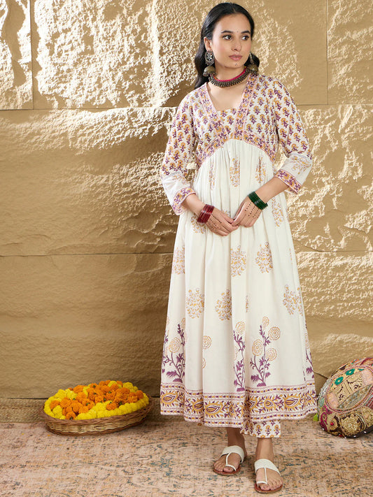 Lvory & Maroon Handblock Printed Anarkali Cotton Suit Set