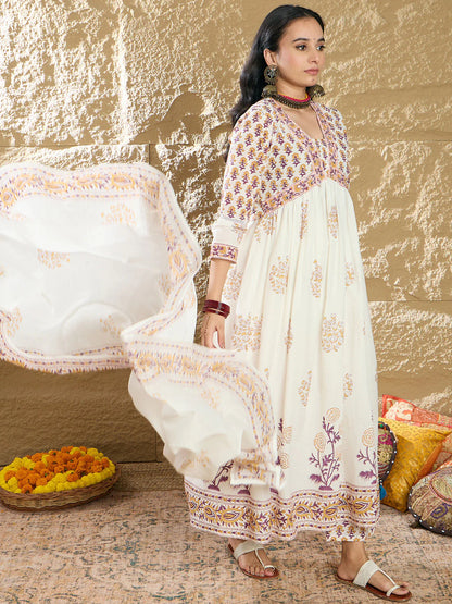 Lvory & Maroon Handblock Printed Anarkali Cotton Suit Set