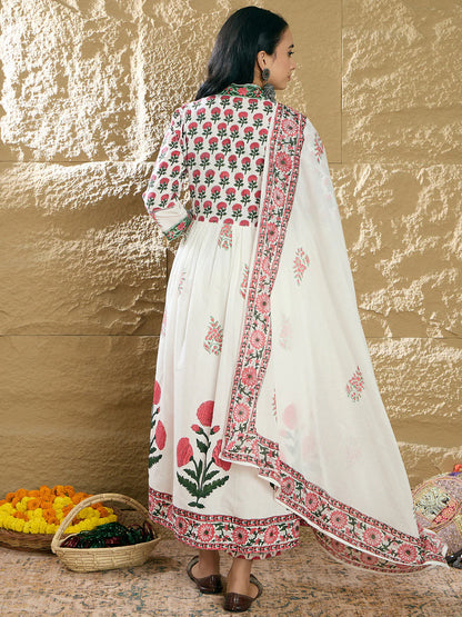 Lvory & Maroon Handblock Printed Anarkali Cotton Suit Set