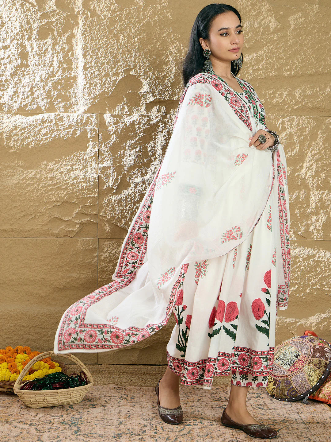 Lvory & Red Handblock Printed Anarkali Cotton Suit Set