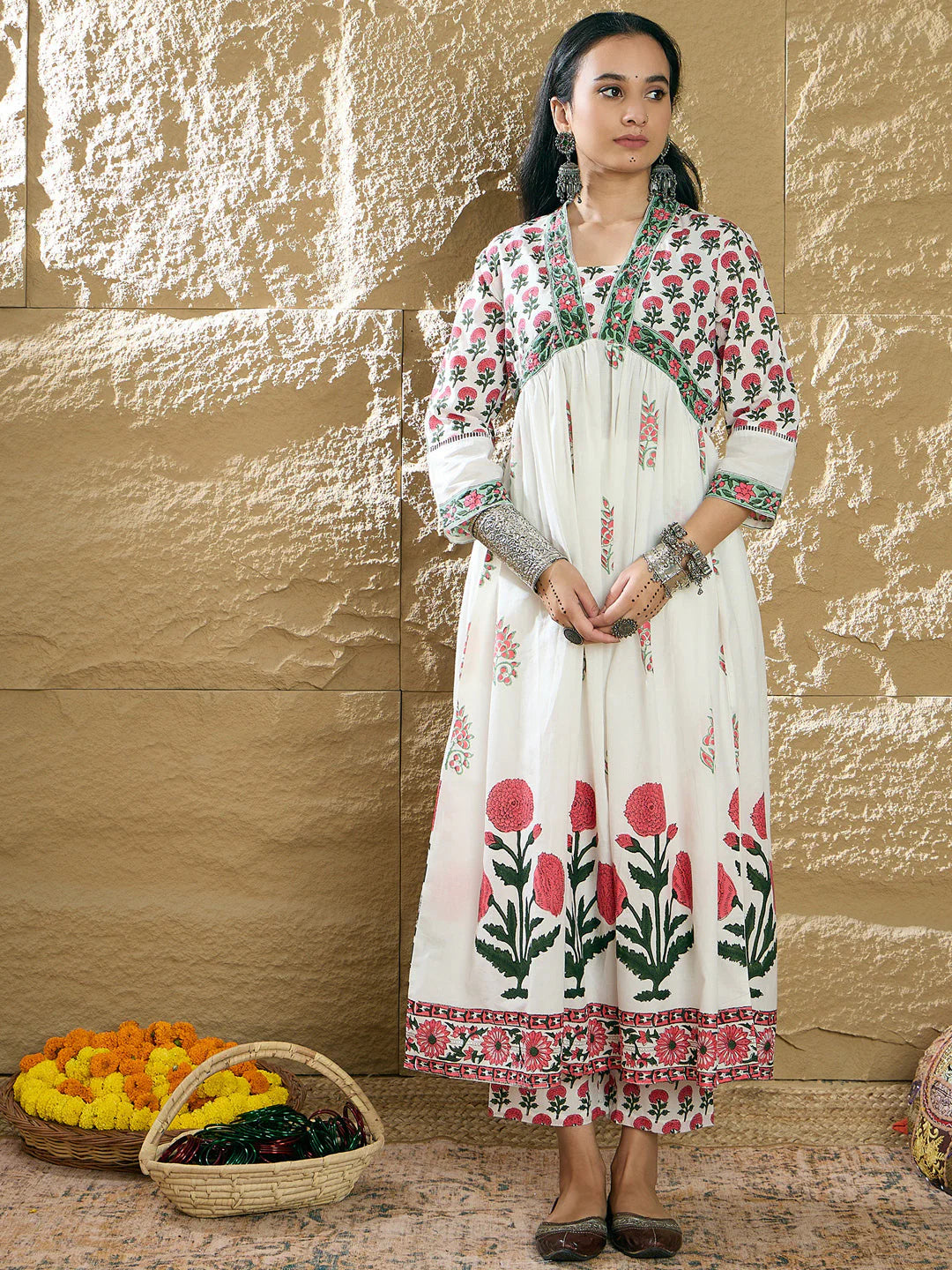 Lvory & Red Handblock Printed Anarkali Cotton Suit Set