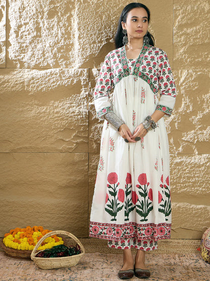Lvory & Red Handblock Printed Anarkali Cotton Suit Set
