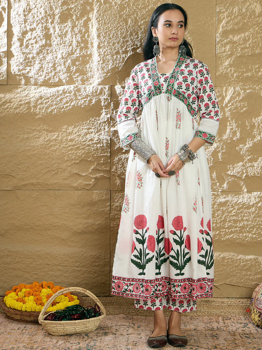 Lvory & Red Handblock Printed Anarkali Cotton Suit Set