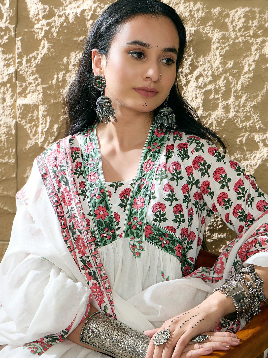 Lvory & Red Handblock Printed Anarkali Cotton Suit Set