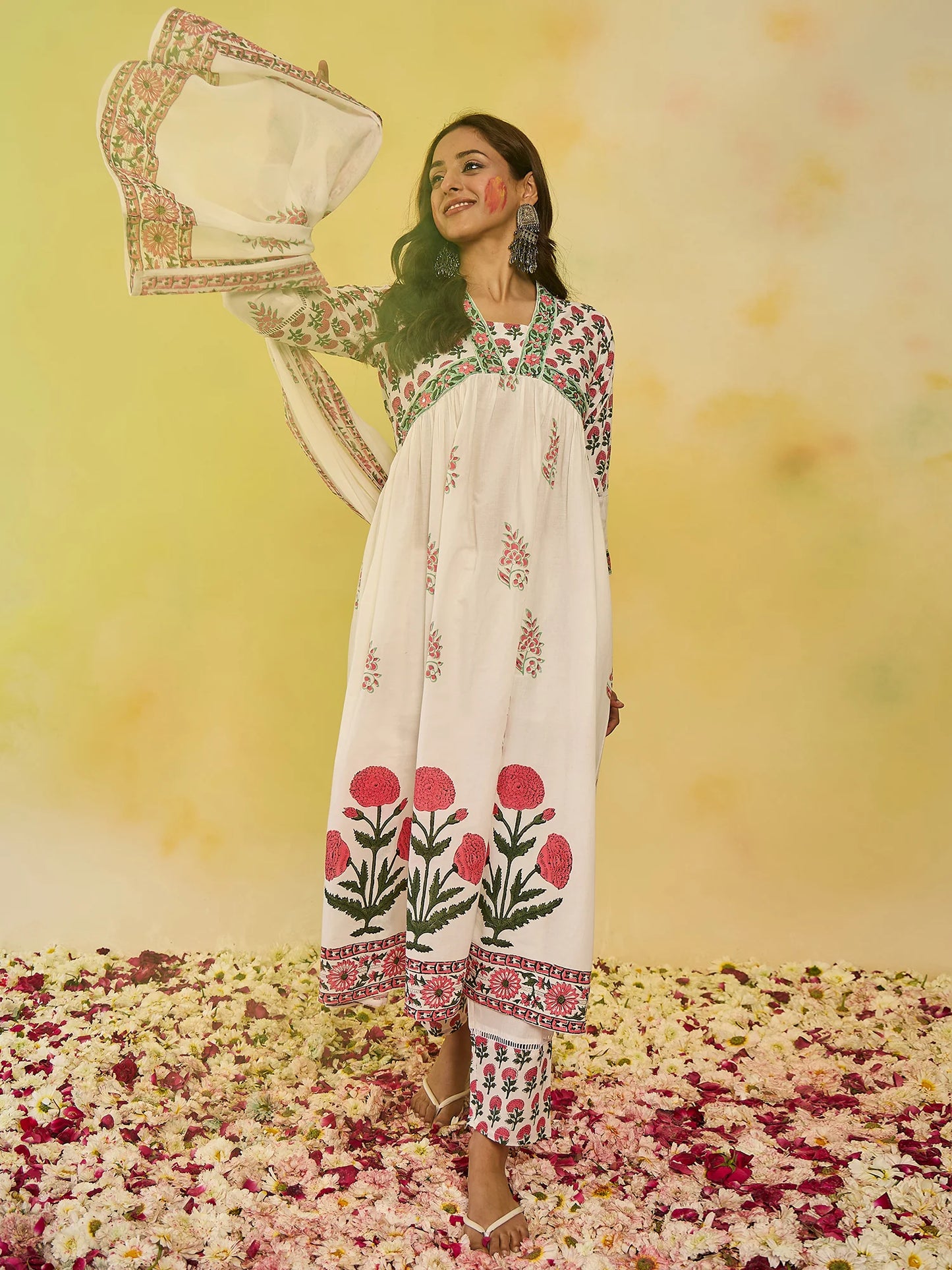 Lvory & Red Handblock Printed Anarkali Cotton Suit Set