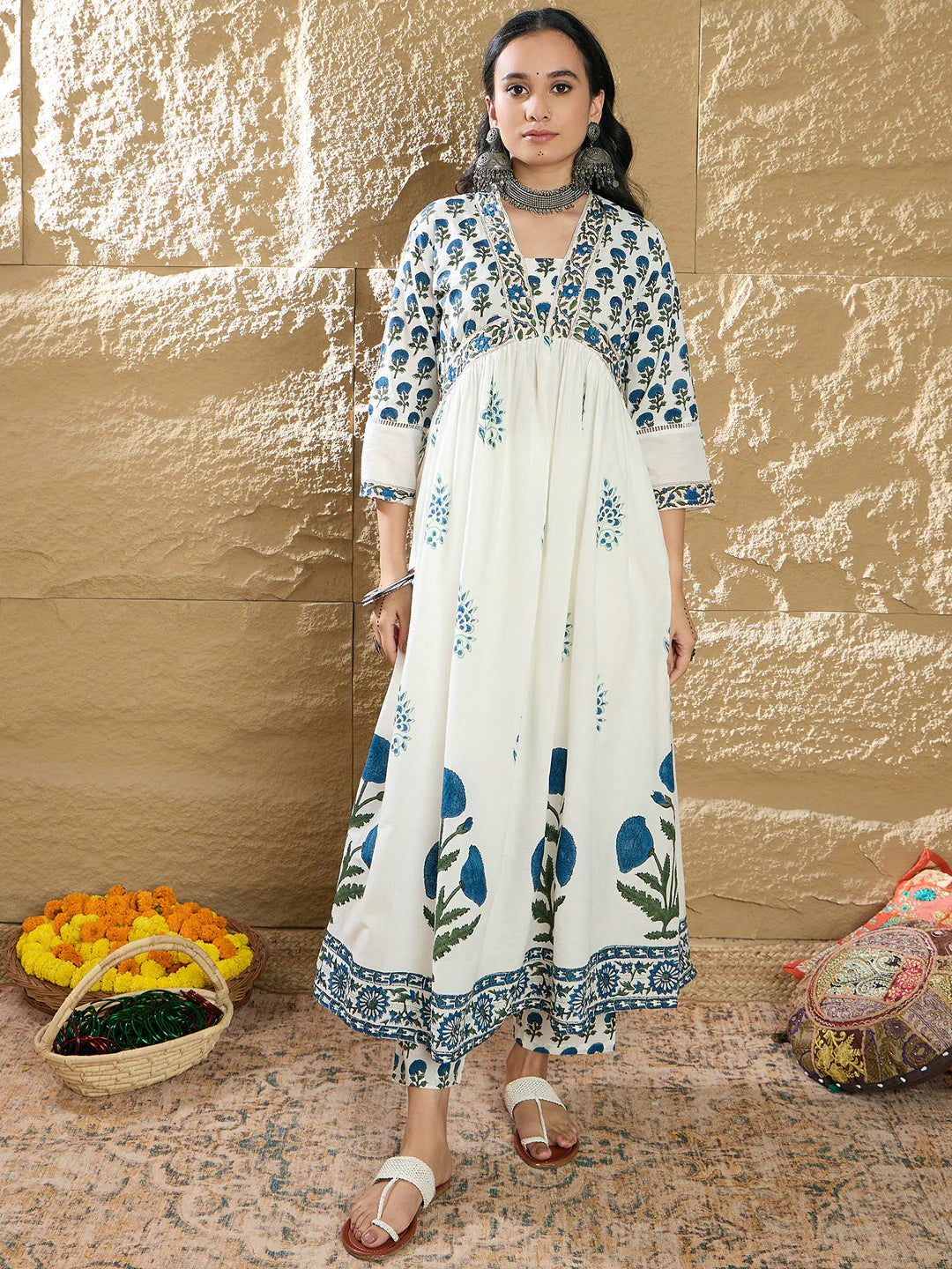 White & blue print Kurta Set