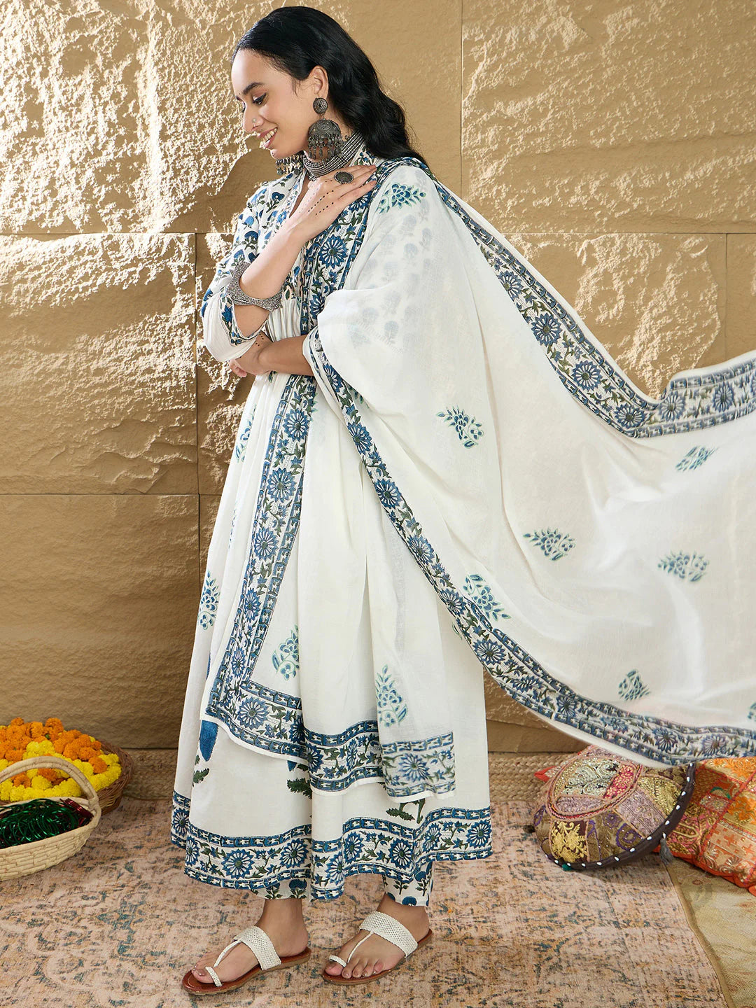 White & blue print Kurta Set