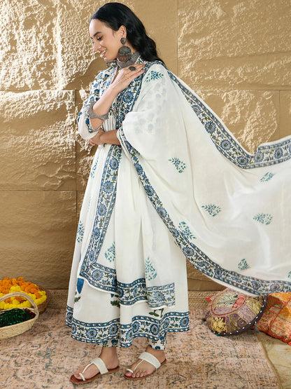 White & blue print Kurta Set