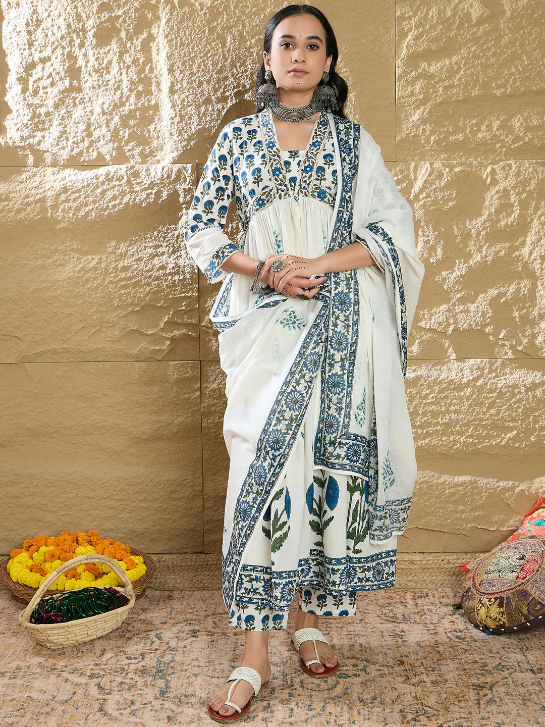 White & blue print Kurta Set