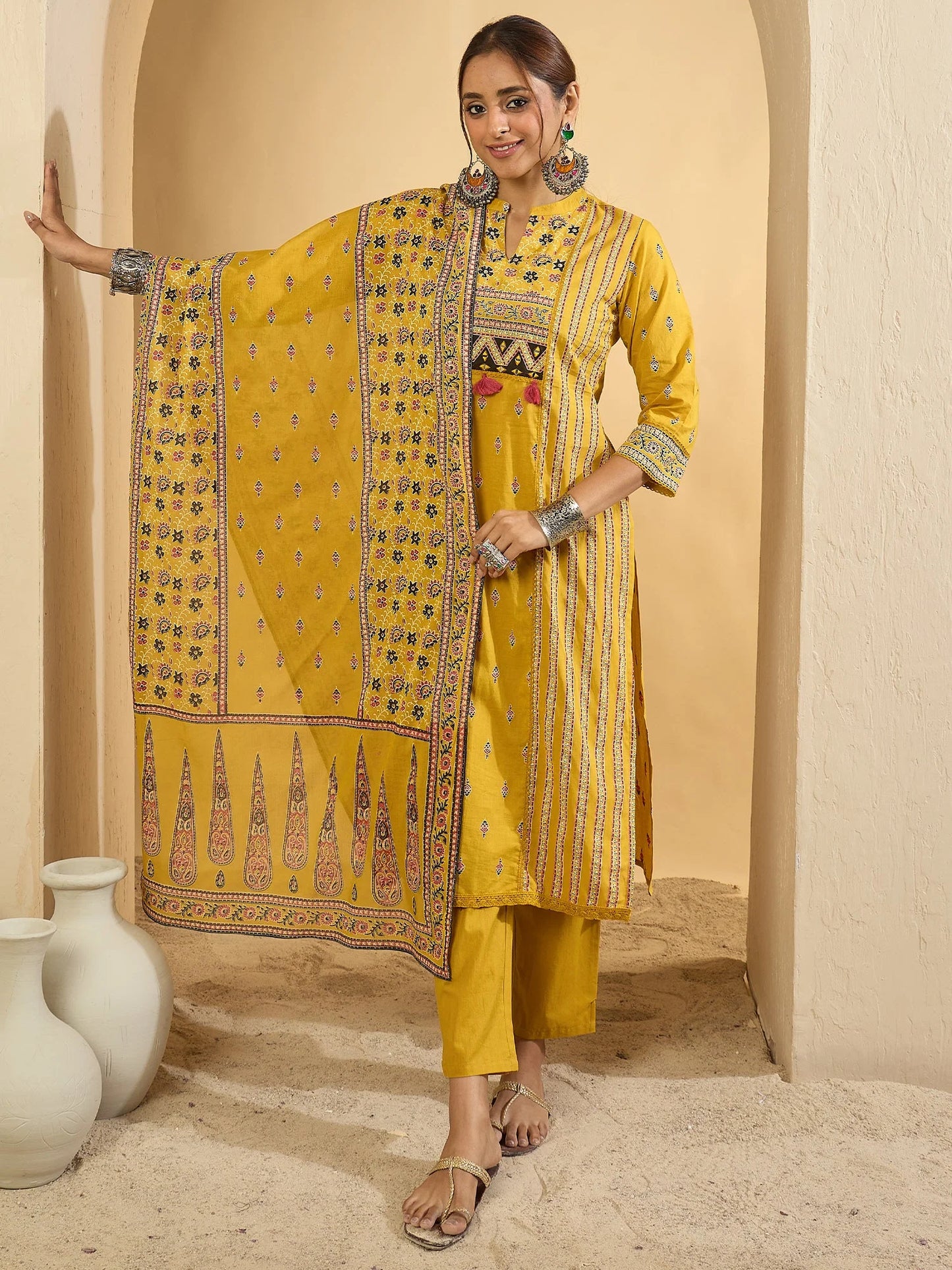 Vibrant Mustard Yellow Hand Block Printed Cotton Kurta Set with Dupatta