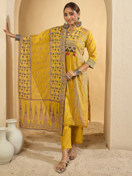 Vibrant Mustard Yellow Hand Block Printed Cotton Kurta Set with Dupatta
