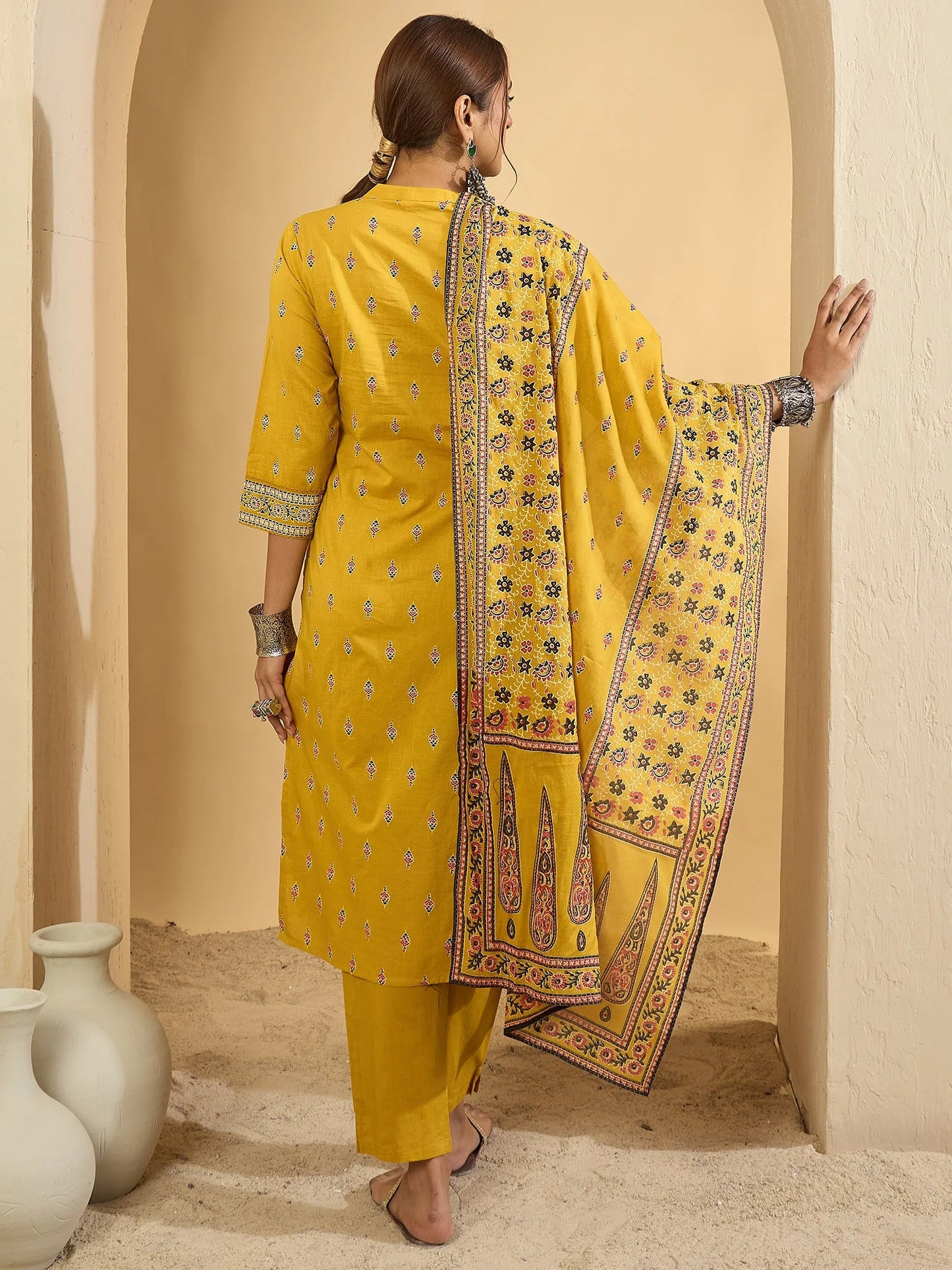 Vibrant Mustard Yellow Hand Block Printed Cotton Kurta Set with Dupatta
